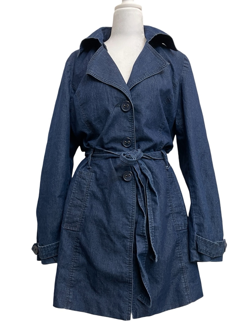 Luii Indigo Denim Long Belted Cotton Trench Overcoat